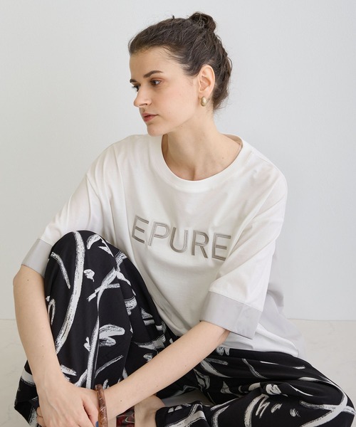 NICOLE white（ニコルホワイト）の「異素材使いプリントTシャツ（Tシャツ/カットソー・レディース・チャコールグレー/オフホワイト/ブルー・FREE）」の9枚目の写真