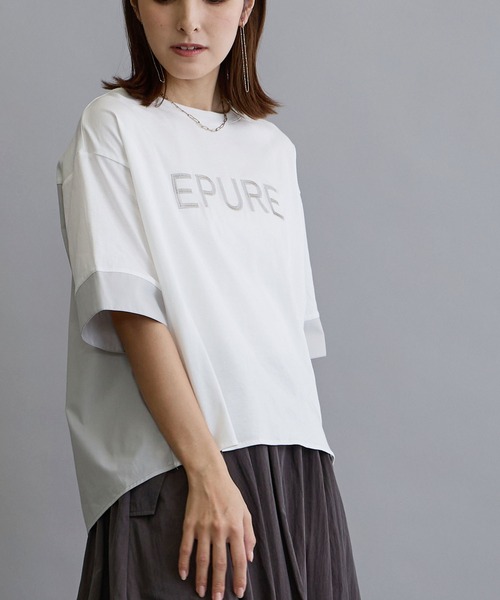 NICOLE white（ニコルホワイト）の「異素材使いプリントTシャツ（Tシャツ/カットソー・レディース・チャコールグレー/オフホワイト/ブルー・FREE）」の14枚目の写真