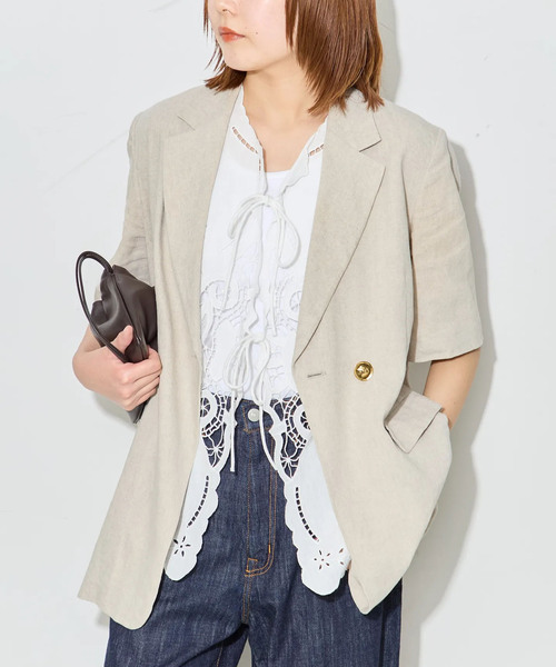 journal standard L'essage（ジャーナルスタンダードレサージュ）の「リネンハーフスリーブジャケット（テーラードジャケット・レディース・ブラック/カーキ/アイボリー・FREE）」の2枚目の写真