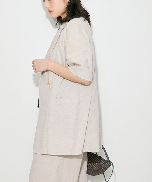 journal standard L'essage（ジャーナルスタンダードレサージュ）の「リネンハーフスリーブジャケット（テーラードジャケット・レディース・ブラック/カーキ/アイボリー・FREE）」の13枚目の写真