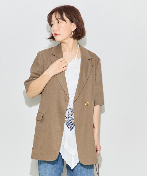 journal standard L'essage（ジャーナルスタンダードレサージュ）の「リネンハーフスリーブジャケット（テーラードジャケット・レディース・ブラック/カーキ/アイボリー・FREE）」の20枚目の写真