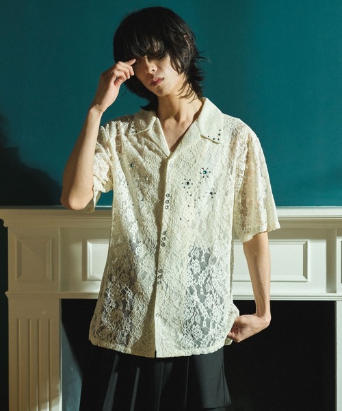 FLOWER BIJOU SHEER H/S SHIRTS / フラワーラインストーンシアH/S