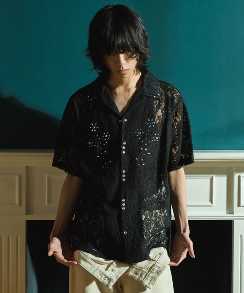 【レオナール】美品☆花柄　ラインストーン　半袖　ブラウス　シャツMブラック FLOWER BIJOU SHEER H/S SHIRTS / フラワーラインストーンシアH/S