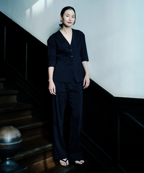 Noble(ノーブル)の「ELENI/エルニ ラスターストレッチジャケット(ノーカラージャケット・レディース・モカ/ネイビー・36/38)」の17枚目の写真