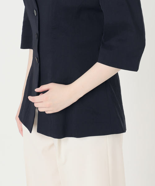 Noble(ノーブル)の「ELENI/エルニ ラスターストレッチジャケット(ノーカラージャケット・レディース・モカ/ネイビー・36/38)」の6枚目の写真