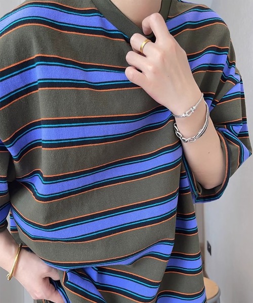 WESTBOY(ウエストボーイ)の「ストリート マルチボーダー オーバーサイズ 半袖Tシャツ WO26S8TP07(Tシャツ/カットソー・メンズ・グリーン・M/L)」の7枚目の写真
