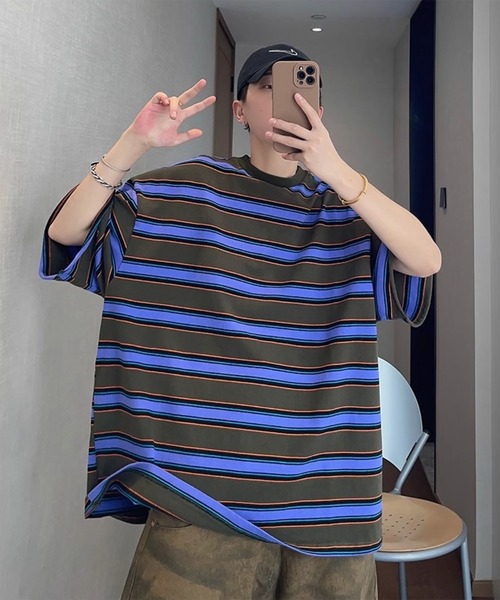 WESTBOY(ウエストボーイ)の「ストリート マルチボーダー オーバーサイズ 半袖Tシャツ WO26S8TP07(Tシャツ/カットソー・メンズ・グリーン・M/L)」の2枚目の写真