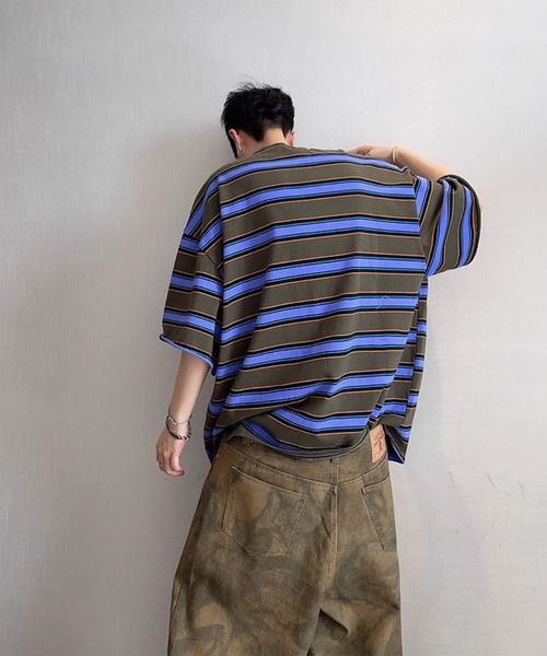 WESTBOY(ウエストボーイ)の「ストリート マルチボーダー オーバーサイズ 半袖Tシャツ WO26S8TP07(Tシャツ/カットソー・メンズ・グリーン・M/L)」の4枚目の写真