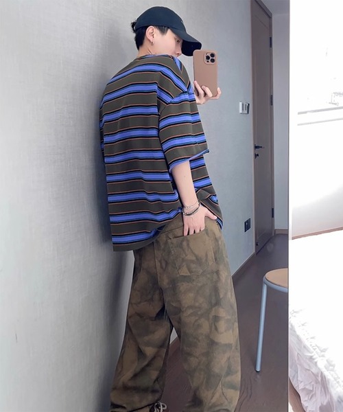 WESTBOY(ウエストボーイ)の「ストリート マルチボーダー オーバーサイズ 半袖Tシャツ WO26S8TP07(Tシャツ/カットソー・メンズ・グリーン・M/L)」の3枚目の写真