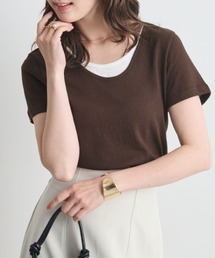 【レイヤードTシャツ/重ね着風Tシャツ】配色ネック半袖カットソー / 接触冷感・UVカット