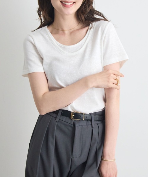 Futier land(フューティアランド)の「【レイヤードTシャツ/重ね着風Tシャツ】配色ネック半袖カットソー / 接触冷感・UVカット(Tシャツ/カットソー・レディース・ホワイト/ブラウン/ブラック・FREE)」の2枚目の写真