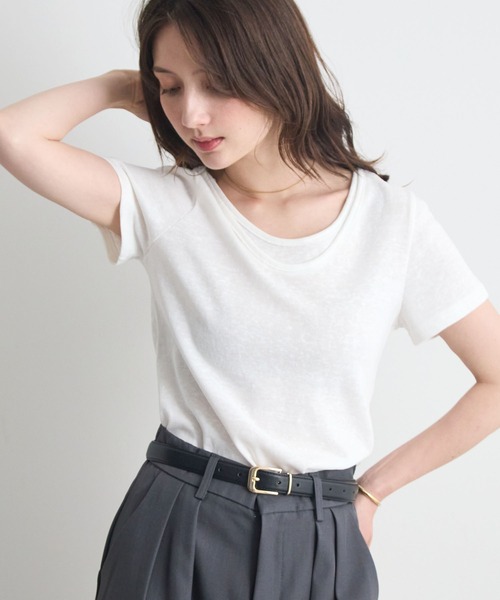 Futier land(フューティアランド)の「【レイヤードTシャツ/重ね着風Tシャツ】配色ネック半袖カットソー / 接触冷感・UVカット(Tシャツ/カットソー・レディース・ホワイト/ブラウン/ブラック・FREE)」の4枚目の写真