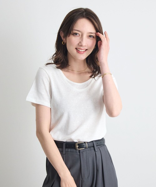 Futier land(フューティアランド)の「【レイヤードTシャツ/重ね着風Tシャツ】配色ネック半袖カットソー / 接触冷感・UVカット(Tシャツ/カットソー・レディース・ホワイト/ブラウン/ブラック・FREE)」の5枚目の写真
