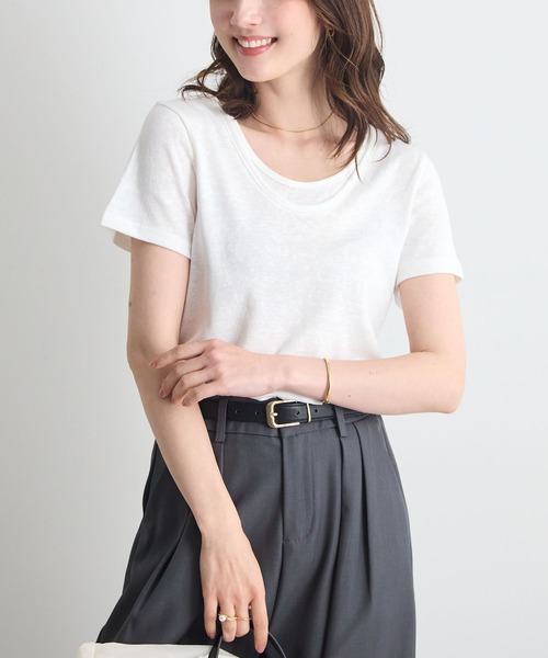 Futier land(フューティアランド)の「【レイヤードTシャツ/重ね着風Tシャツ】配色ネック半袖カットソー / 接触冷感・UVカット(Tシャツ/カットソー・レディース・ホワイト/ブラウン/ブラック・FREE)」の6枚目の写真