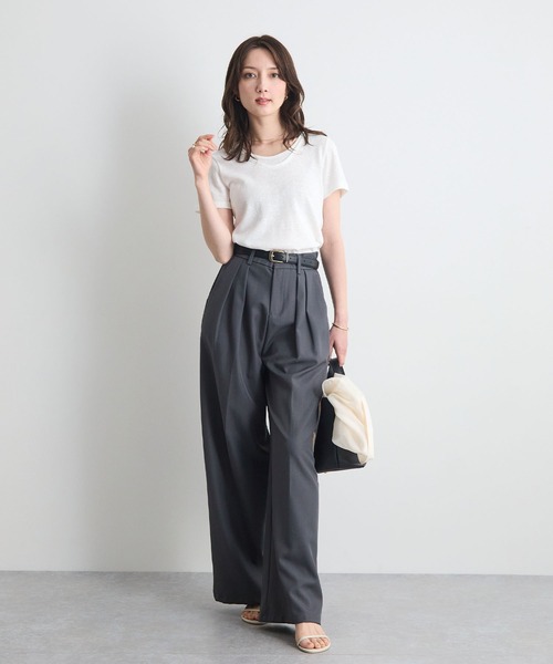 Futier land(フューティアランド)の「【レイヤードTシャツ/重ね着風Tシャツ】配色ネック半袖カットソー / 接触冷感・UVカット(Tシャツ/カットソー・レディース・ホワイト/ブラウン/ブラック・FREE)」の9枚目の写真