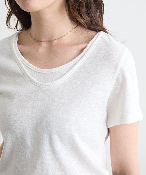 Futier land(フューティアランド)の「【レイヤードTシャツ/重ね着風Tシャツ】配色ネック半袖カットソー / 接触冷感・UVカット(Tシャツ/カットソー・レディース・ホワイト/ブラウン/ブラック・FREE)」の12枚目の写真