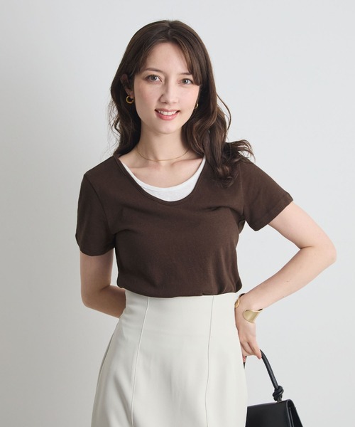 Futier land(フューティアランド)の「【レイヤードTシャツ/重ね着風Tシャツ】配色ネック半袖カットソー / 接触冷感・UVカット(Tシャツ/カットソー・レディース・ホワイト/ブラウン/ブラック・FREE)」の14枚目の写真