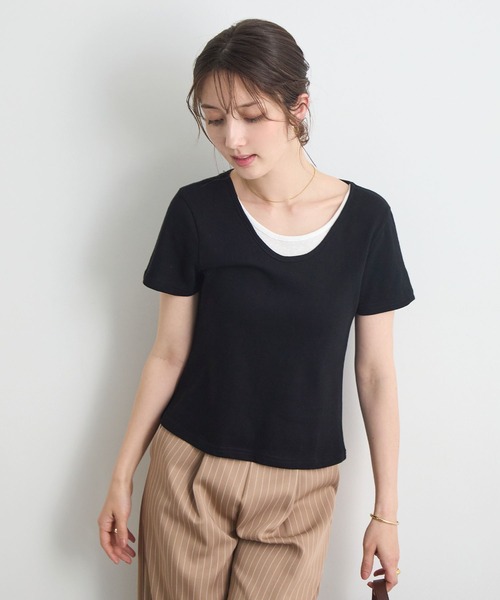 Futier land(フューティアランド)の「【レイヤードTシャツ/重ね着風Tシャツ】配色ネック半袖カットソー / 接触冷感・UVカット(Tシャツ/カットソー・レディース・ホワイト/ブラウン/ブラック・FREE)」の22枚目の写真