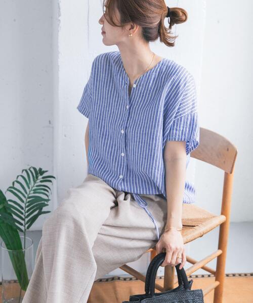 URBAN RESEARCH DOORS(アーバンリサーチドアーズ)の「リネンフレンチスリーブドロストブラウス(シャツ/ブラウス・レディース・ブラック/オフホワイト/ストライプ・FREE)」の9枚目の写真