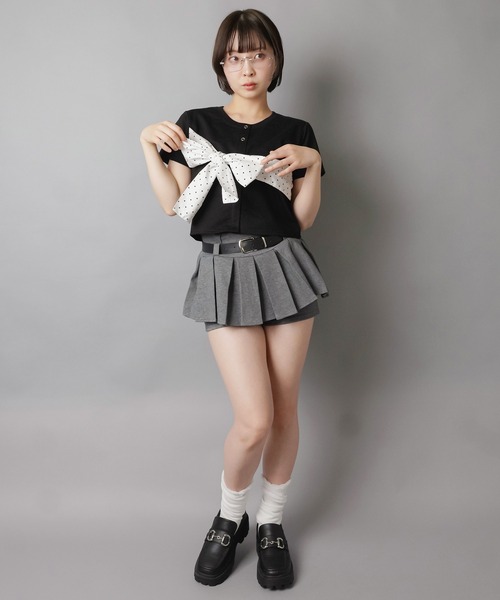 SPINNS(スピンズ)の「ミニ裏毛半袖カーディガン/ドット柄リボン/韓国ガーリー(カーディガン/ボレロ・レディース・グレー/ネイビー/ブラック・ONESIZE)」の6枚目の写真