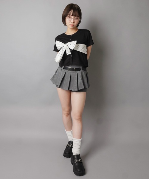 SPINNS(スピンズ)の「ミニ裏毛半袖カーディガン/ドット柄リボン/韓国ガーリー(カーディガン/ボレロ・レディース・グレー/ネイビー/ブラック・ONESIZE)」の7枚目の写真