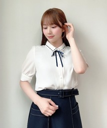配色タイ付きはしごリボン衿5分袖ブラウス/fint フィント