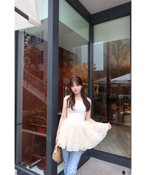 MISTREASS（ミストレアス）の「Floral Tulle Docking Mini Dress（ワンピース・レディース・ブラック/ホワイト・FREE）」の5枚目の写真