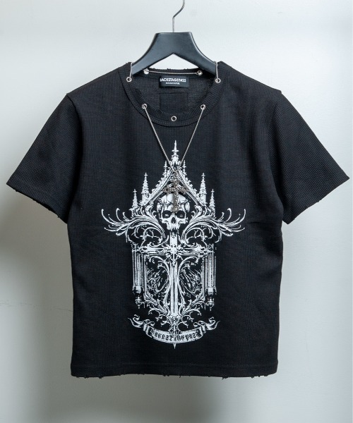BACKSTAGE PASS(バックステージパス)の「CURSED CHURCH(カースト チャーチ)クロスネックレス付き ダメージワッフル 短丈スカルT(Tシャツ/カットソー・メンズ・ブラック/ホワイト・FREE)」の2枚目の写真