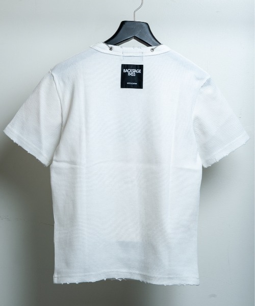 BACKSTAGE PASS(バックステージパス)の「CURSED CHURCH(カースト チャーチ)クロスネックレス付き ダメージワッフル 短丈スカルT(Tシャツ/カットソー・メンズ・ブラック/ホワイト・FREE)」の4枚目の写真