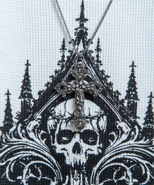 BACKSTAGE PASS(バックステージパス)の「CURSED CHURCH(カースト チャーチ)クロスネックレス付き ダメージワッフル 短丈スカルT(Tシャツ/カットソー・メンズ・ブラック/ホワイト・FREE)」の5枚目の写真