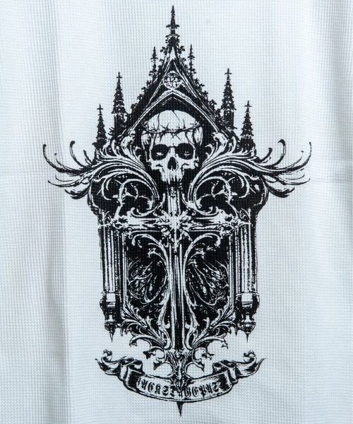 BACKSTAGE PASS(バックステージパス)の「CURSED CHURCH(カースト チャーチ)クロスネックレス付き ダメージワッフル 短丈スカルT(Tシャツ/カットソー・メンズ・ブラック/ホワイト・FREE)」の6枚目の写真