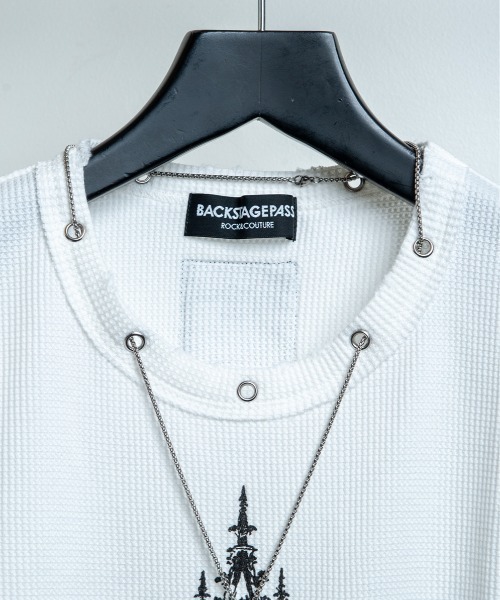 BACKSTAGE PASS(バックステージパス)の「CURSED CHURCH(カースト チャーチ)クロスネックレス付き ダメージワッフル 短丈スカルT(Tシャツ/カットソー・メンズ・ブラック/ホワイト・FREE)」の7枚目の写真