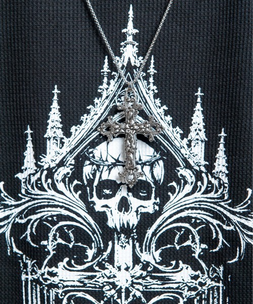 BACKSTAGE PASS(バックステージパス)の「CURSED CHURCH(カースト チャーチ)クロスネックレス付き ダメージワッフル 短丈スカルT(Tシャツ/カットソー・メンズ・ブラック/ホワイト・FREE)」の9枚目の写真