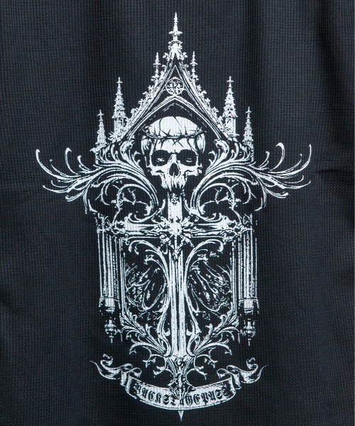 BACKSTAGE PASS(バックステージパス)の「CURSED CHURCH(カースト チャーチ)クロスネックレス付き ダメージワッフル 短丈スカルT(Tシャツ/カットソー・メンズ・ブラック/ホワイト・FREE)」の10枚目の写真