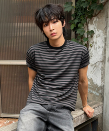 クロップソフトタッチストライプ半袖Tシャツ[ブラック]