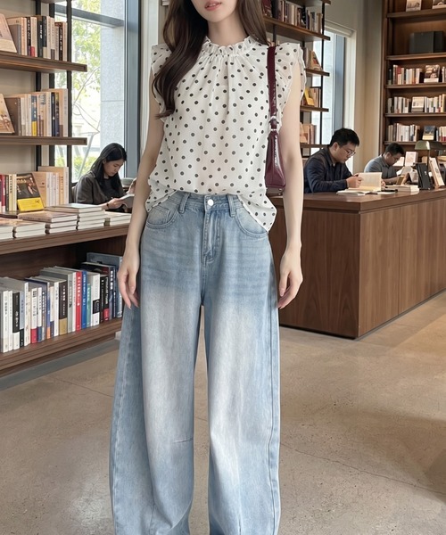 umune（ウムネ）の「シフォンブラウス ドット柄 フリル袖 ハイネック 体型カバー 大人かわいい フェミニン 夏（シャツ/ブラウス・レディース・ブラック/オフホワイト・FREE）」の9枚目の写真