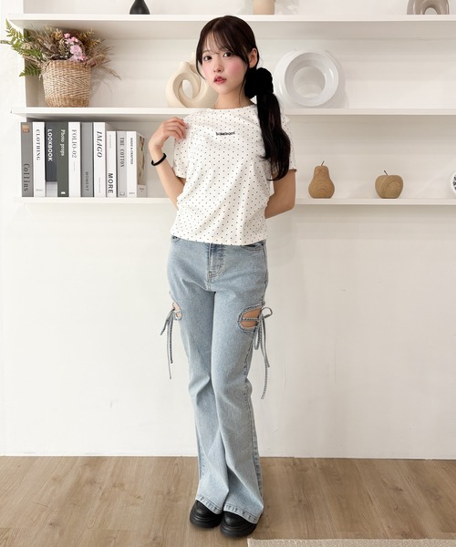 WEGO(ウィゴー)の「WEGO/【26年春夏新作】ドットサイドギャザーT(Tシャツ/カットソー・レディース・ホワイト/ブラック・FREE)」の3枚目の写真