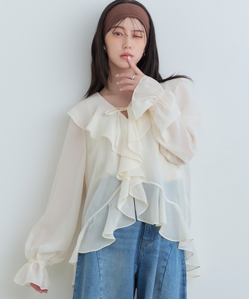 Tiny EDEN(タイニーエデン)の「【中野恵那 着用】ラッフルブラウス(シャツ/ブラウス・レディース・チェック/アイボリー・FREE)」の5枚目の写真
