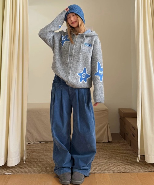 SHERU（シェル）の「スターモチーフ起毛ニットジップパーカー（ニット/セーター・レディース・グレー/ダークグレー/イエロー・M）」の12枚目の写真