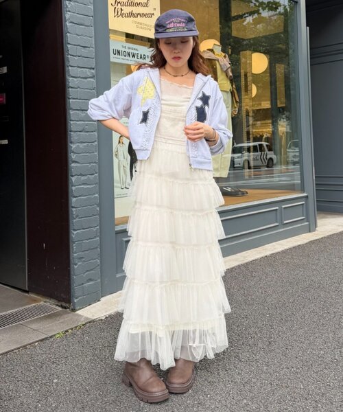 w closet（ダブルクローゼット）の「【ショート丈・フリル】星柄パッチワークパーカー（パーカー・レディース・アイボリー/グリーン/ブルー/ネイビー・FREE）」の9枚目の写真