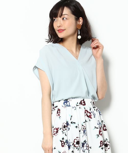 VIS（ビス）の「異素材スキッパーフレンチスリーブブラウス（シャツ/ブラウス・レディース・サックスブルー/ホワイト/ライトグリーン/ピンク/ブラック・FREE）」の3枚目の写真