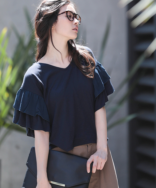 WEGO（ウィゴー）の「WEGO/【WEB限定】フリル袖カットソー（Tシャツ/カットソー・レディース・ブラック/ホワイト/ネイビー・FREE）」の3枚目の写真