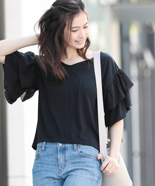 WEGO（ウィゴー）の「WEGO/【WEB限定】フリル袖カットソー（Tシャツ/カットソー・レディース・ブラック/ホワイト/ネイビー・FREE）」の2枚目の写真