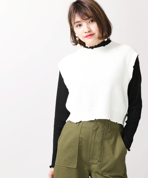 WEGO(ウィゴー)の「WEGO/ダメージニットベスト(ベスト・レディース・ホワイト/ブラック・FREE)」の1枚目の写真