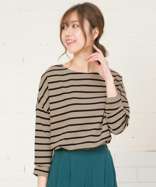 KOBE LETTUCE（コウベレタス）の「綿100%ドロップショルダー長袖ボーダーカットソーロンT（Tシャツ/カットソー・レディース・ブラック/ベージュ/ネイビー/グレー/レッド/ブラック系その他/ブルー系その他/ブラック系その他2・FREE）」の6枚目の写真