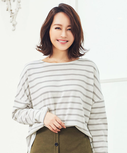 KOBE LETTUCE（コウベレタス）の「綿100%ドロップショルダー長袖ボーダーカットソーロンT（Tシャツ/カットソー・レディース・ブラック/ベージュ/ネイビー/グレー/レッド/ブラック系その他/ブルー系その他/ブラック系その他2・FREE）」の5枚目の写真