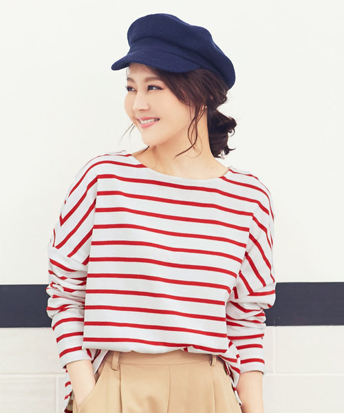 KOBE LETTUCE（コウベレタス）の「綿100%ドロップショルダー長袖ボーダーカットソーロンT（Tシャツ/カットソー・レディース・ブラック/ベージュ/ネイビー/グレー/レッド/ブラック系その他/ブルー系その他/ブラック系その他2・FREE）」の8枚目の写真