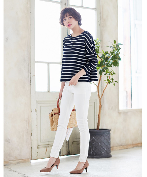 KOBE LETTUCE（コウベレタス）の「綿100%ドロップショルダー長袖ボーダーカットソーロンT（Tシャツ/カットソー・レディース・ブラック/ベージュ/ネイビー/グレー/レッド/ブラック系その他/ブルー系その他/ブラック系その他2・FREE）」の15枚目の写真