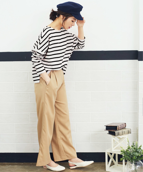 KOBE LETTUCE（コウベレタス）の「綿100%ドロップショルダー長袖ボーダーカットソーロンT（Tシャツ/カットソー・レディース・ブラック/ベージュ/ネイビー/グレー/レッド/ブラック系その他/ブルー系その他/ブラック系その他2・FREE）」の13枚目の写真