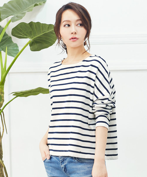 KOBE LETTUCE（コウベレタス）の「綿100%ドロップショルダー長袖ボーダーカットソーロンT（Tシャツ/カットソー・レディース・ブラック/ベージュ/ネイビー/グレー/レッド/ブラック系その他/ブルー系その他/ブラック系その他2・FREE）」の12枚目の写真